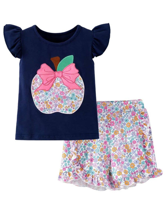 Navy Floral Apple Applique Bow Girls Short Set | Back to School Boutique Outfit: 5T