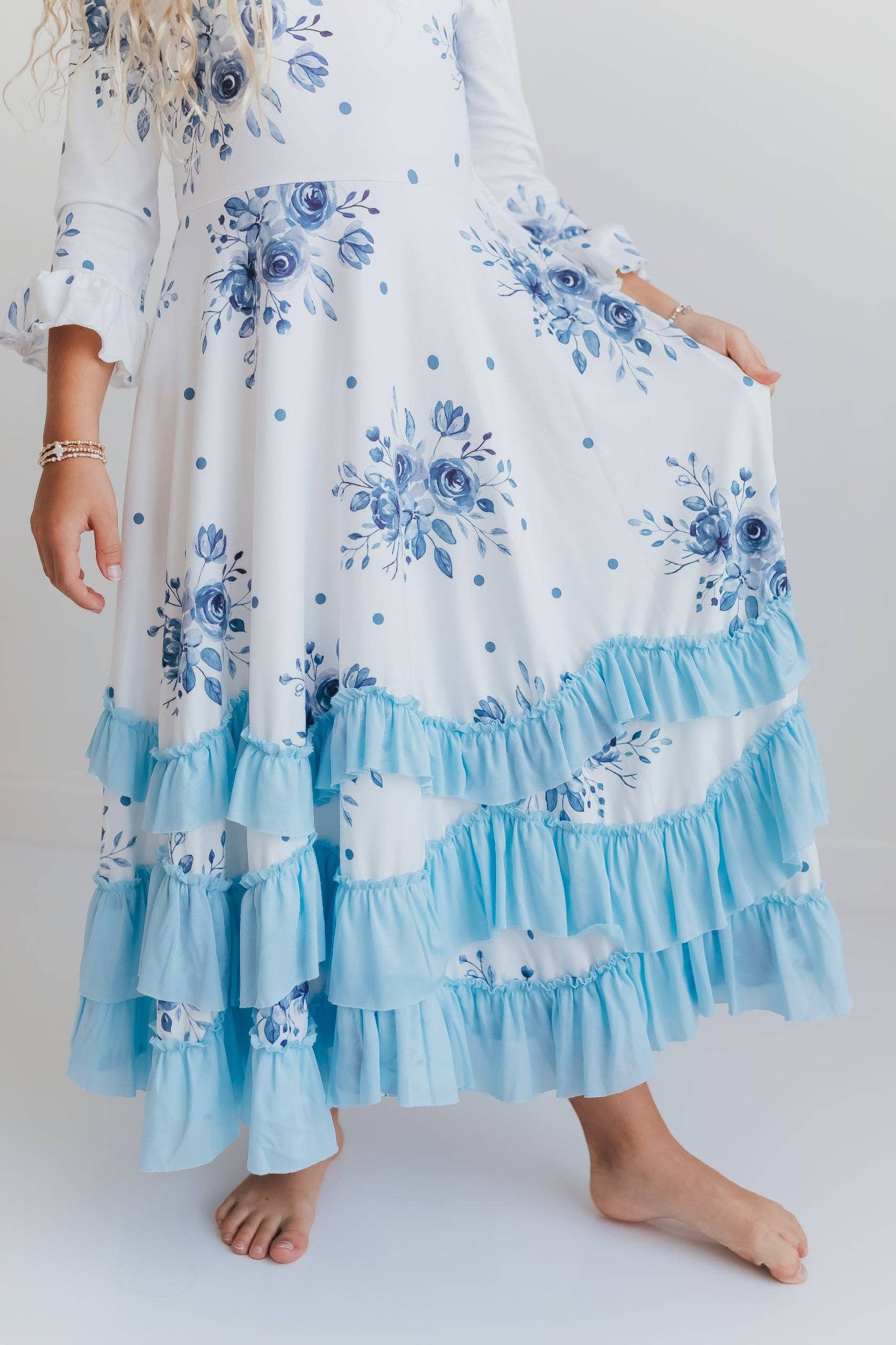 Girls Dusty Blue Winter Floral Long Sleeve Ruffles Dress: 5/6