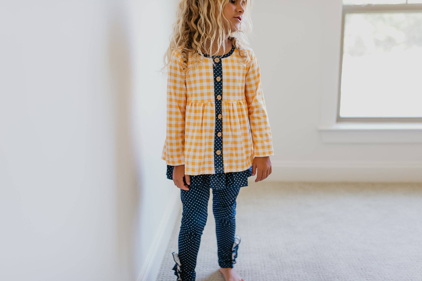 Kids Navy & Mustard Gingham Check Button Pocket Pant Set: 3/4