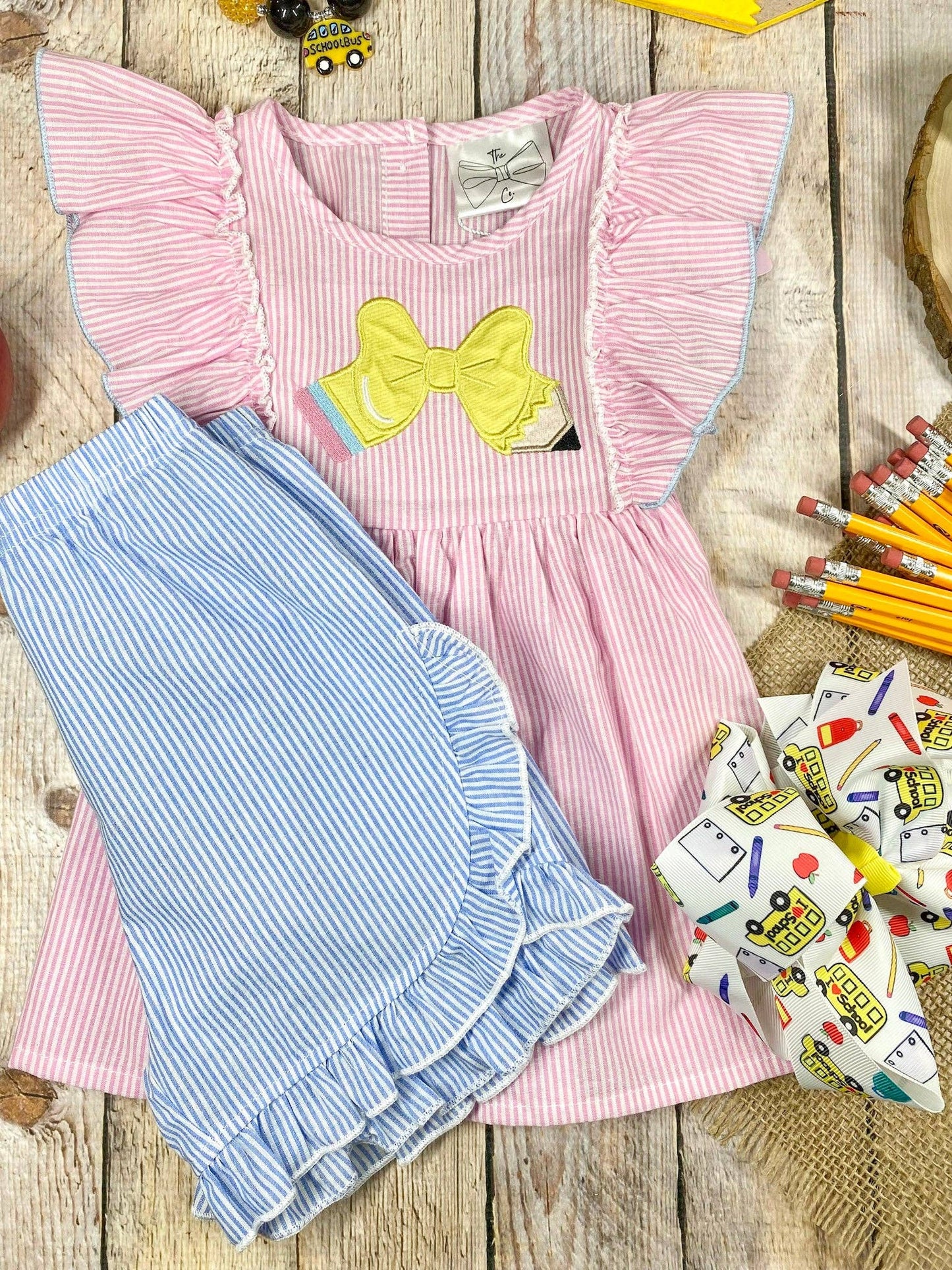 Pencil Bow Flutter Top & Ruffle Shorts Set | Girls School Outfit: 4T