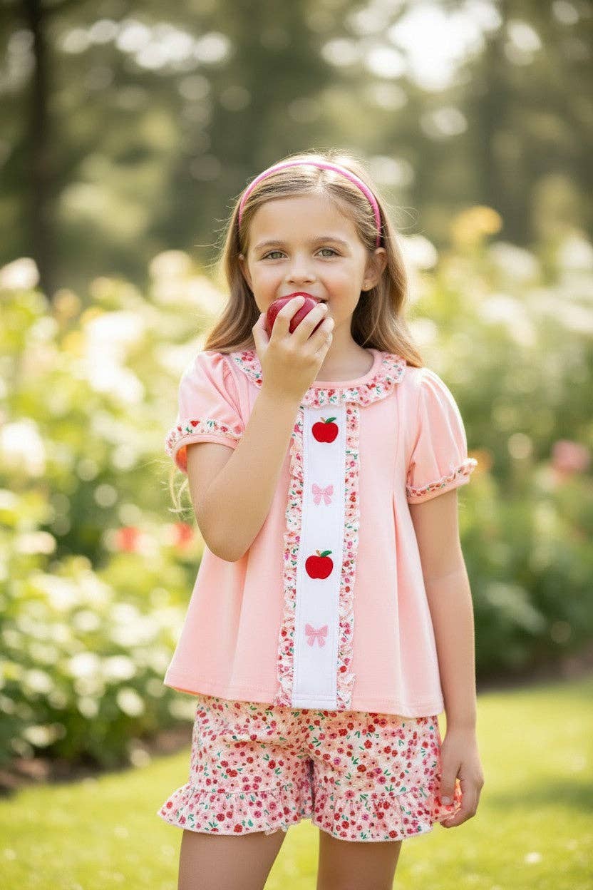 Lt. Coral w/embroidered apples & bows tunic & floral shorts.