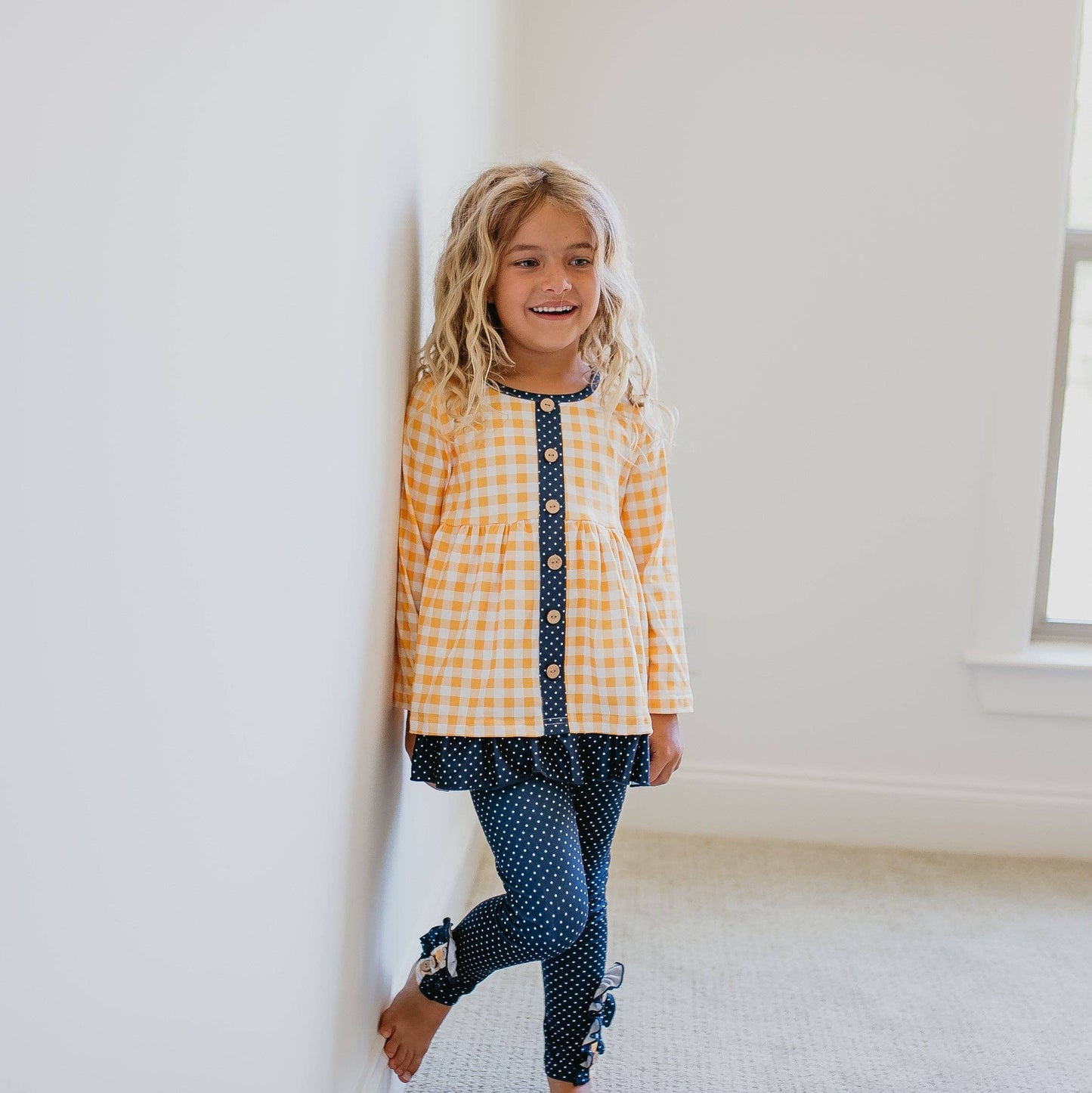 Kids Navy & Mustard Gingham Check Button Pocket Pant Set: 3/4