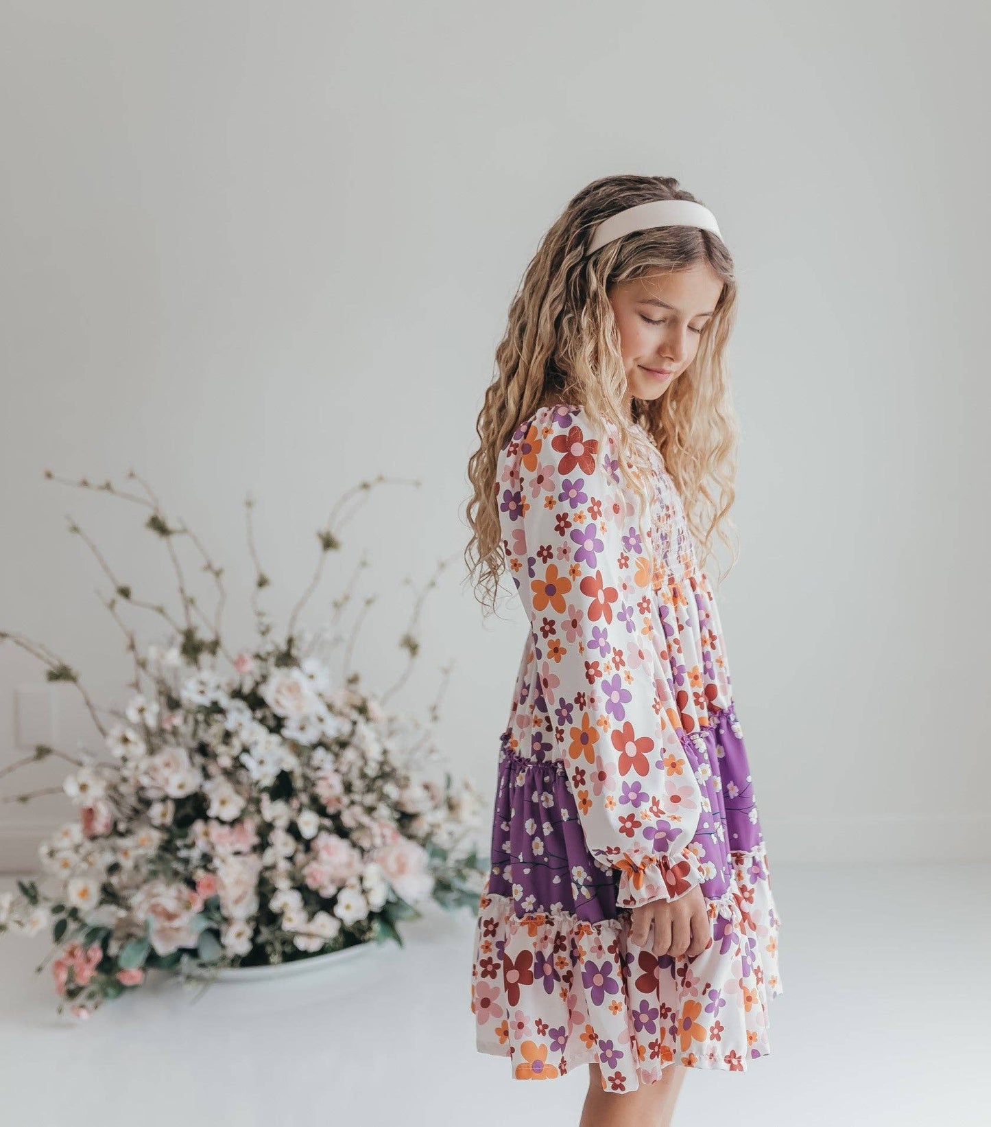 Girls Grace Lavender Flower 3 Tiered Smocked Dress: 7/8