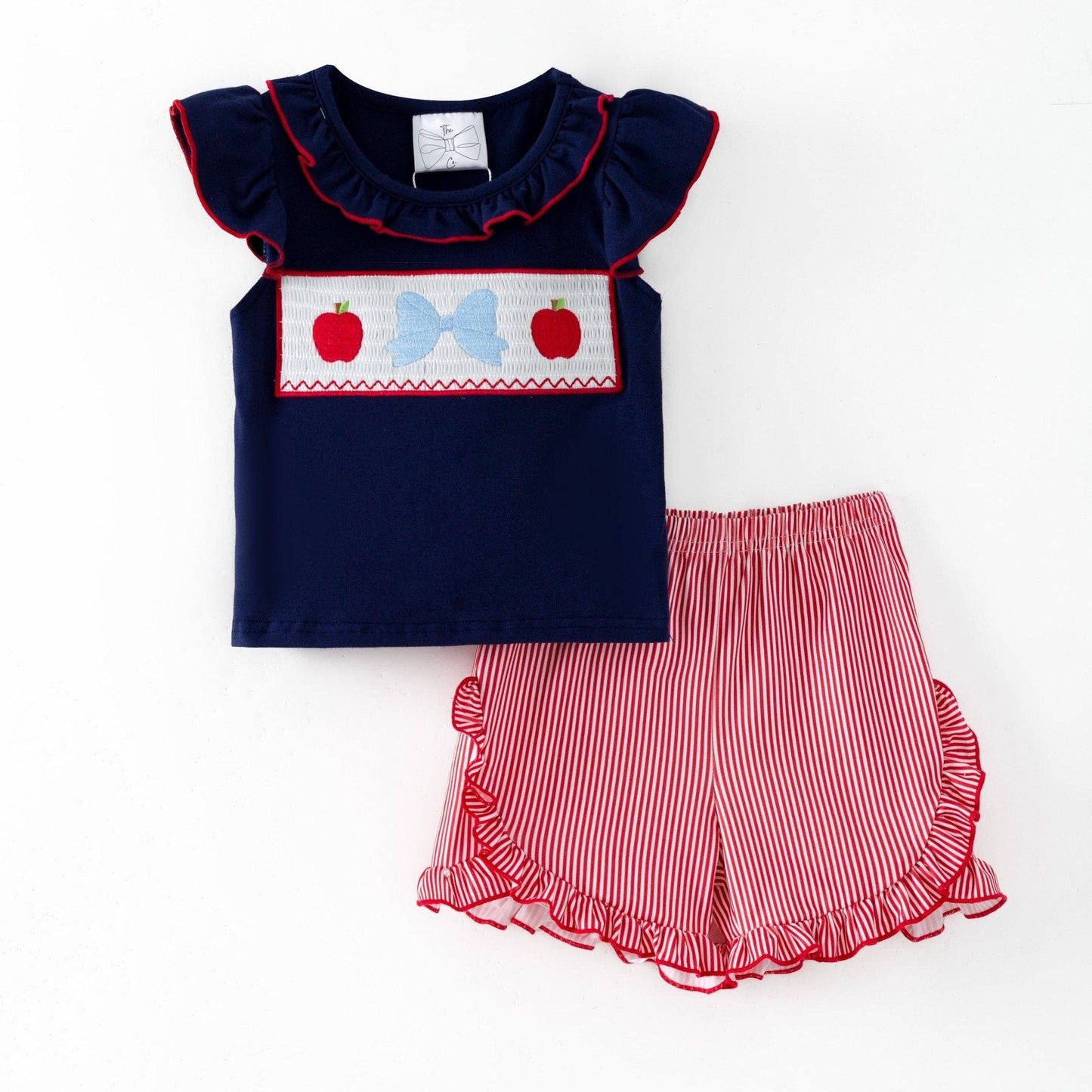 Apple Bow Smocked Top & Stripe Shorts Set | Girls School Outfit: 4T