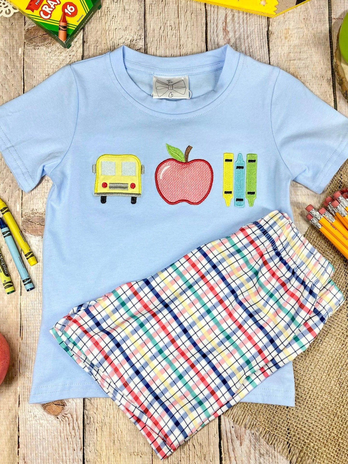 School Days Appliqué Tee & Plaid Shorts Set | Boys Back to School Outfit: 6y