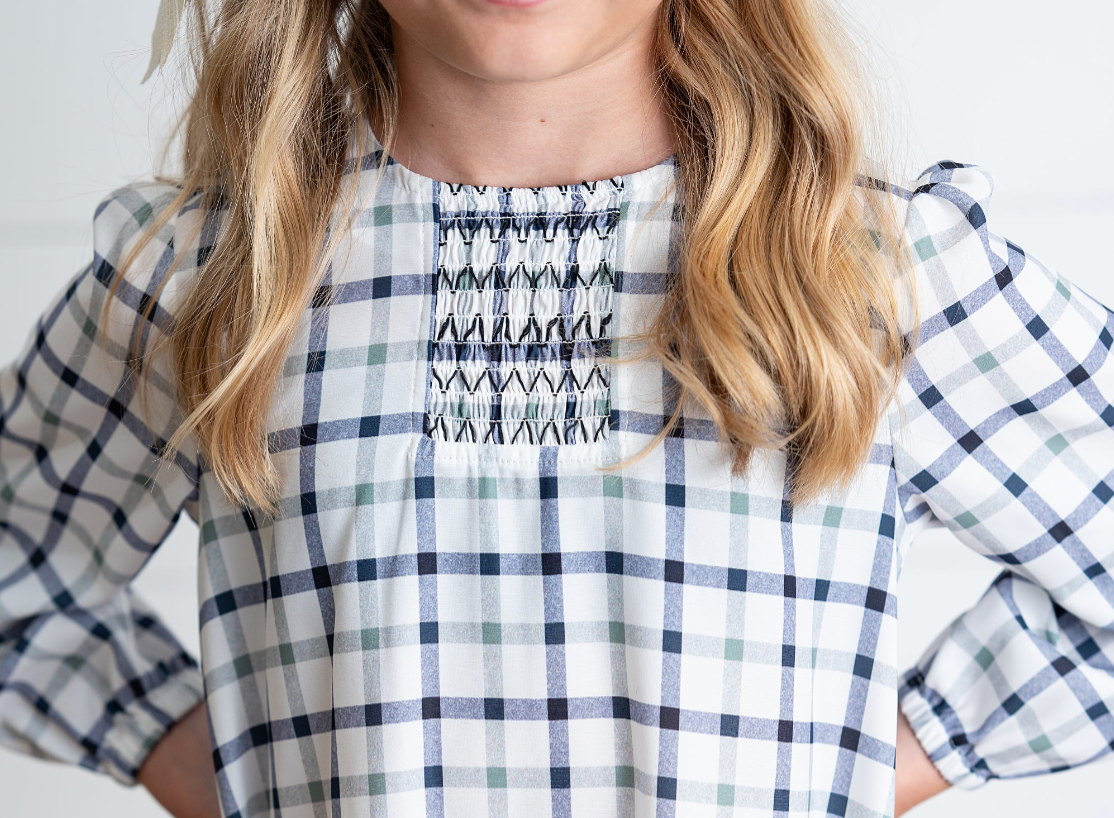 Girls Navy & White Plaid Smocked Ruffle Spring Dress: 5/6