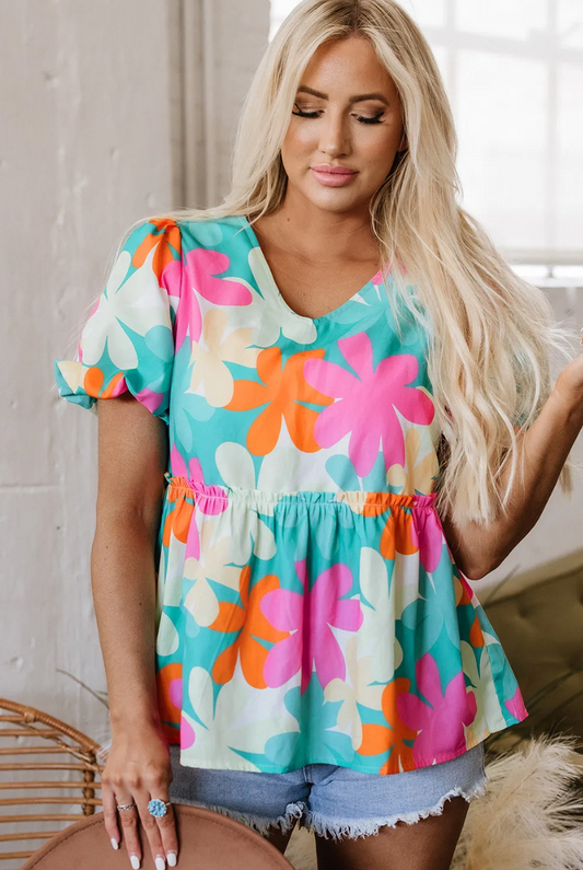 Pink Floral Print Bubble Sleeve V Neck Peplum Blouse