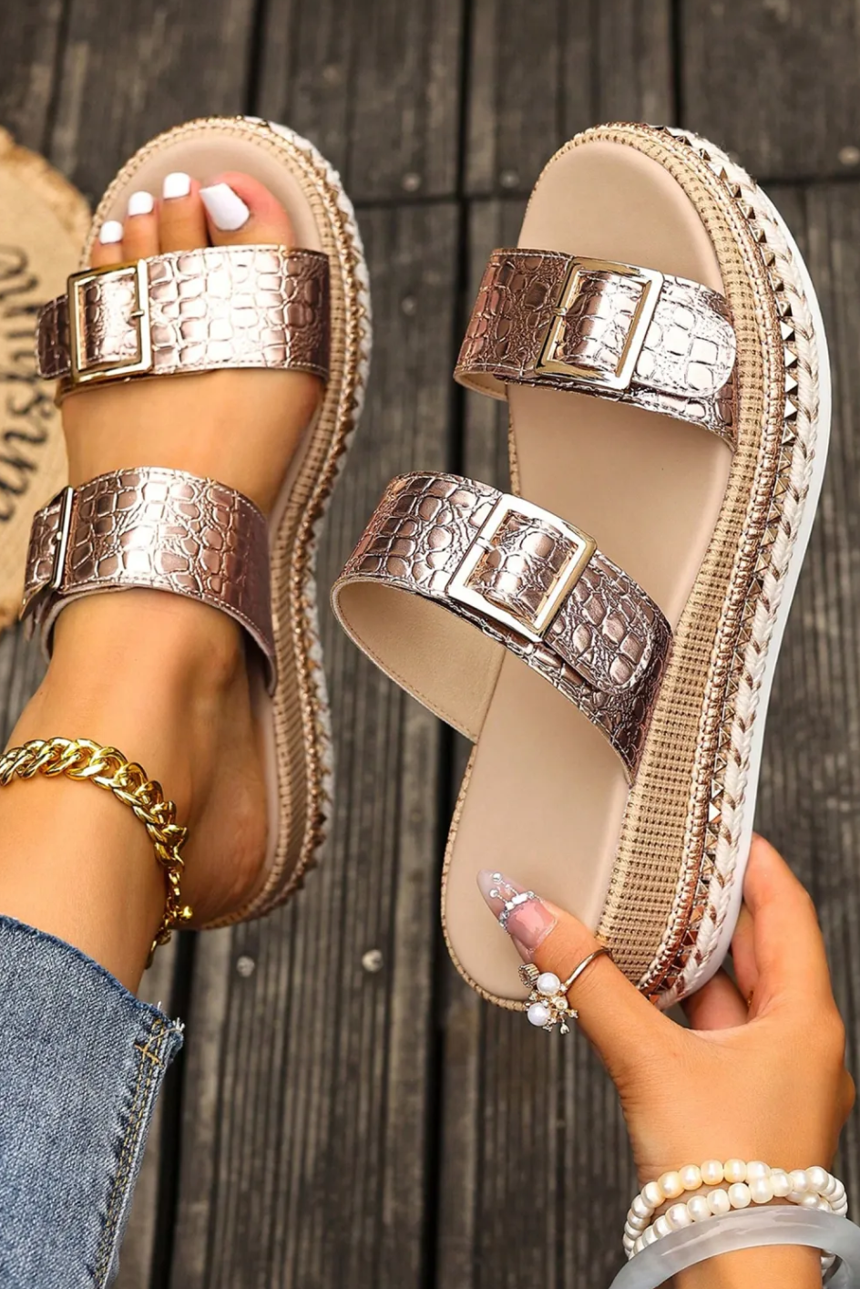 Gold Metallic Textured PU Leather Buckle Wedge Platform Slippers