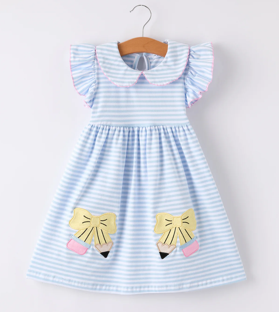 Back To School Girls Stripe Pencil Applique Bow Dress