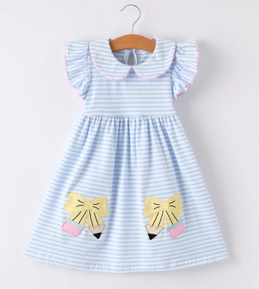 Back To School Girls Stripe Pencil Applique Bow Dress