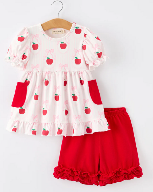 Girls Back To School Apple Bow Pocket Ruffle Top Shorts Set