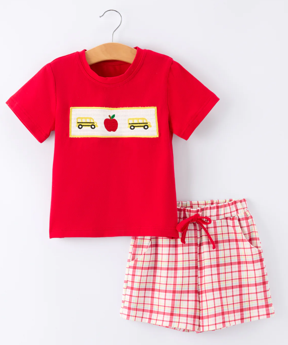 Back To School School Bus Boys Set Red Plaid Shorts