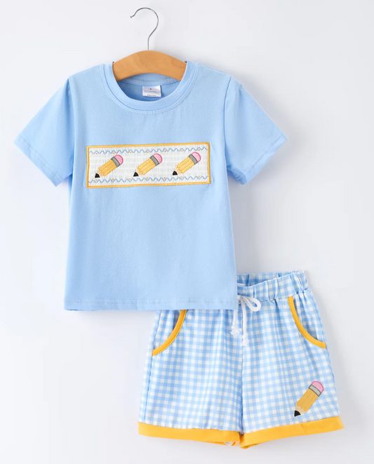 Back to School Pencil Boys Set Applique Plaid Shorts