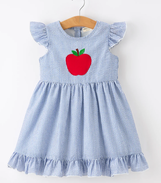 Summer Apple Applique Girls Dress Blue Stripe Ruffle