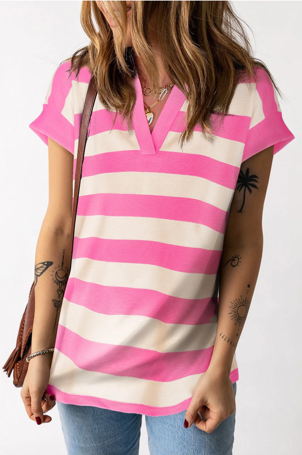 Pink Stripe V Neck Collared Cap Sleeve Top