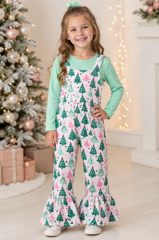 Mint pink Christmas tree romper set