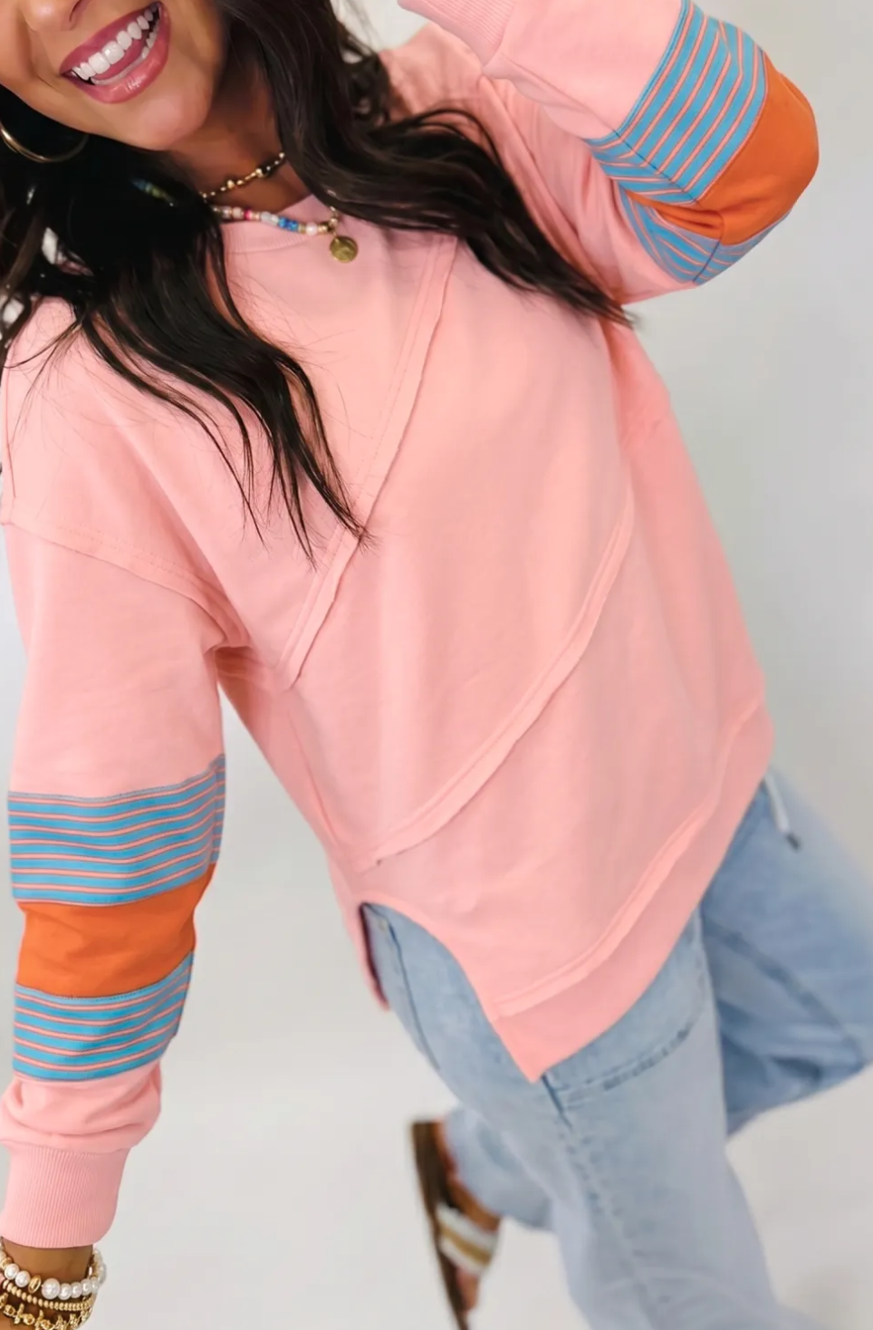 Pink Colorblock Striped Patchwork Raw Detail Long Sleeve Top