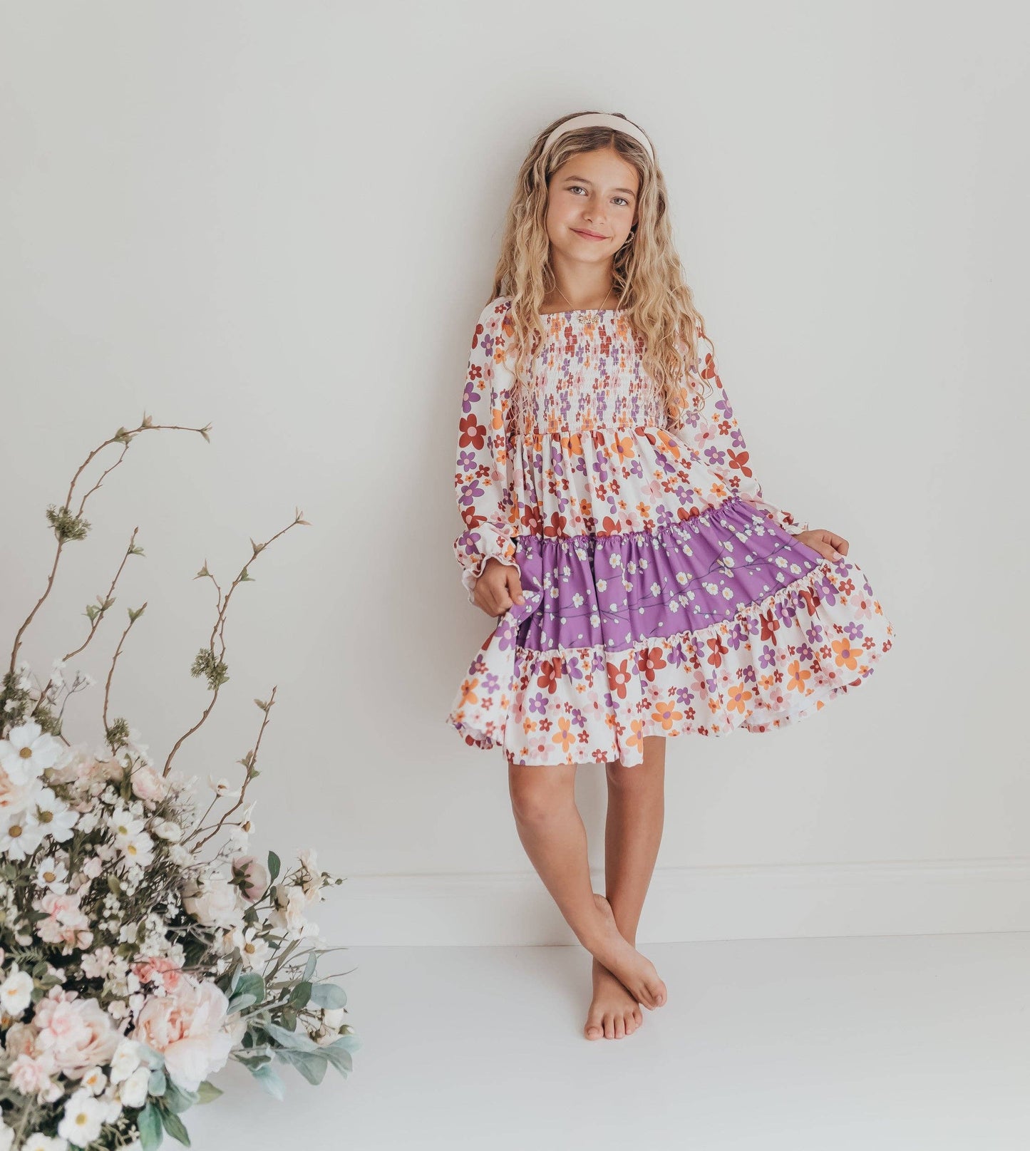 Girls Grace Lavender Flower 3 Tiered Smocked Dress: 3/4
