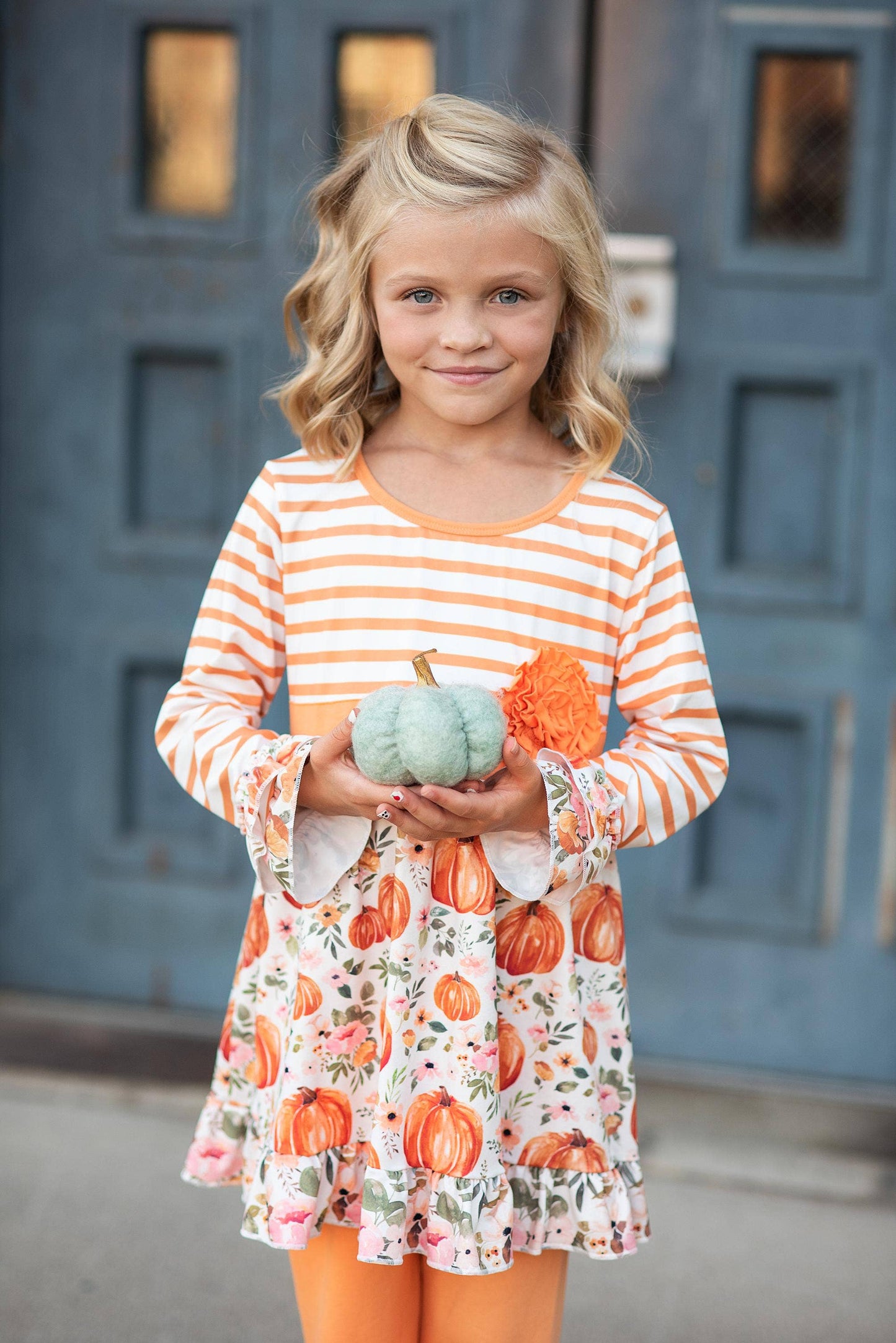 Kids Pumpkin Stripe Ruffle Rosette Two Piece Fall Pant Set