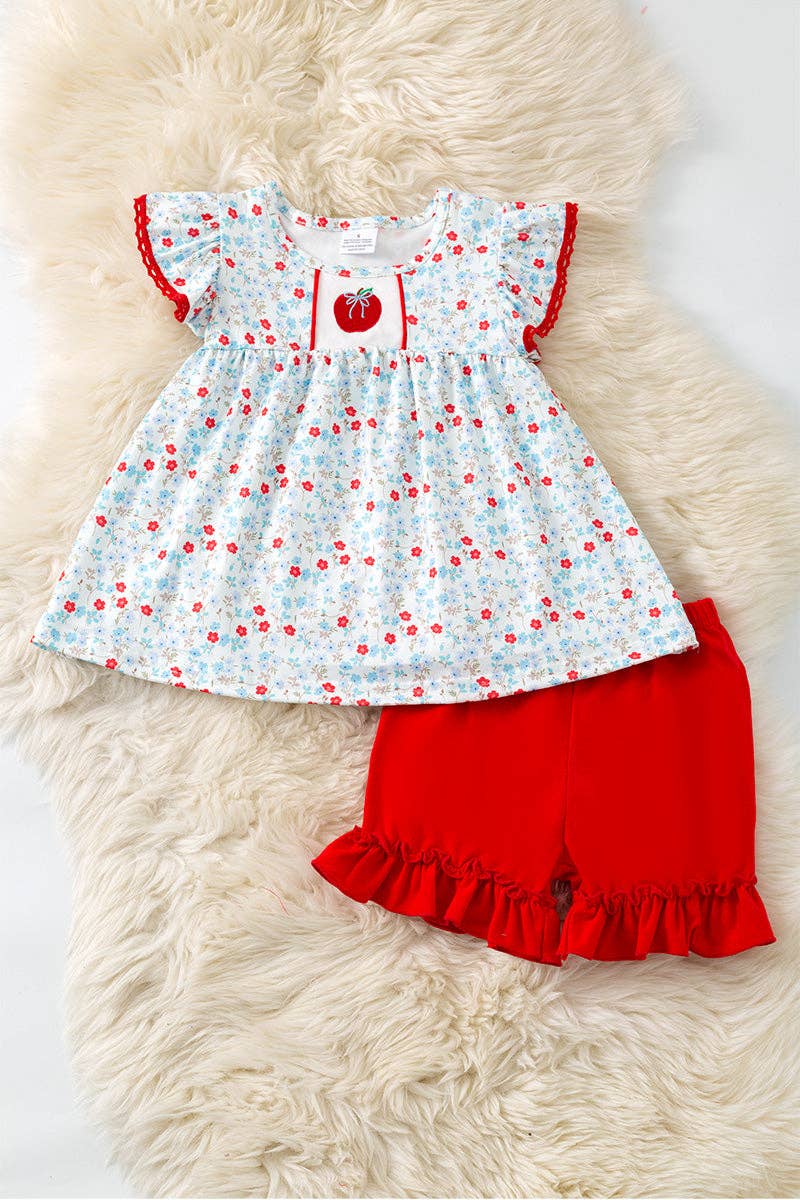 Red apple applique floral tunic & red shorts. OFG60559