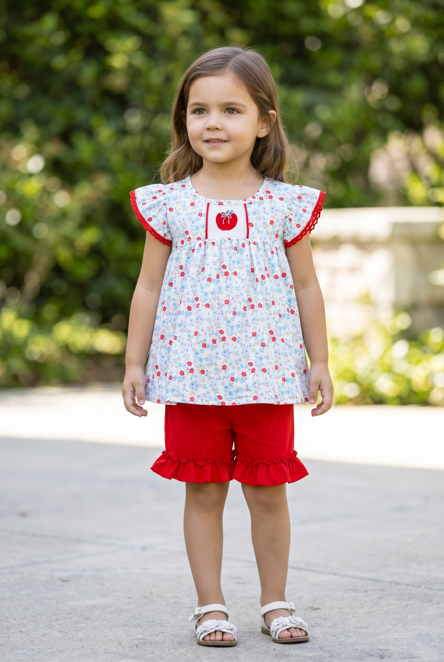 Red apple applique floral tunic & red shorts. OFG60559