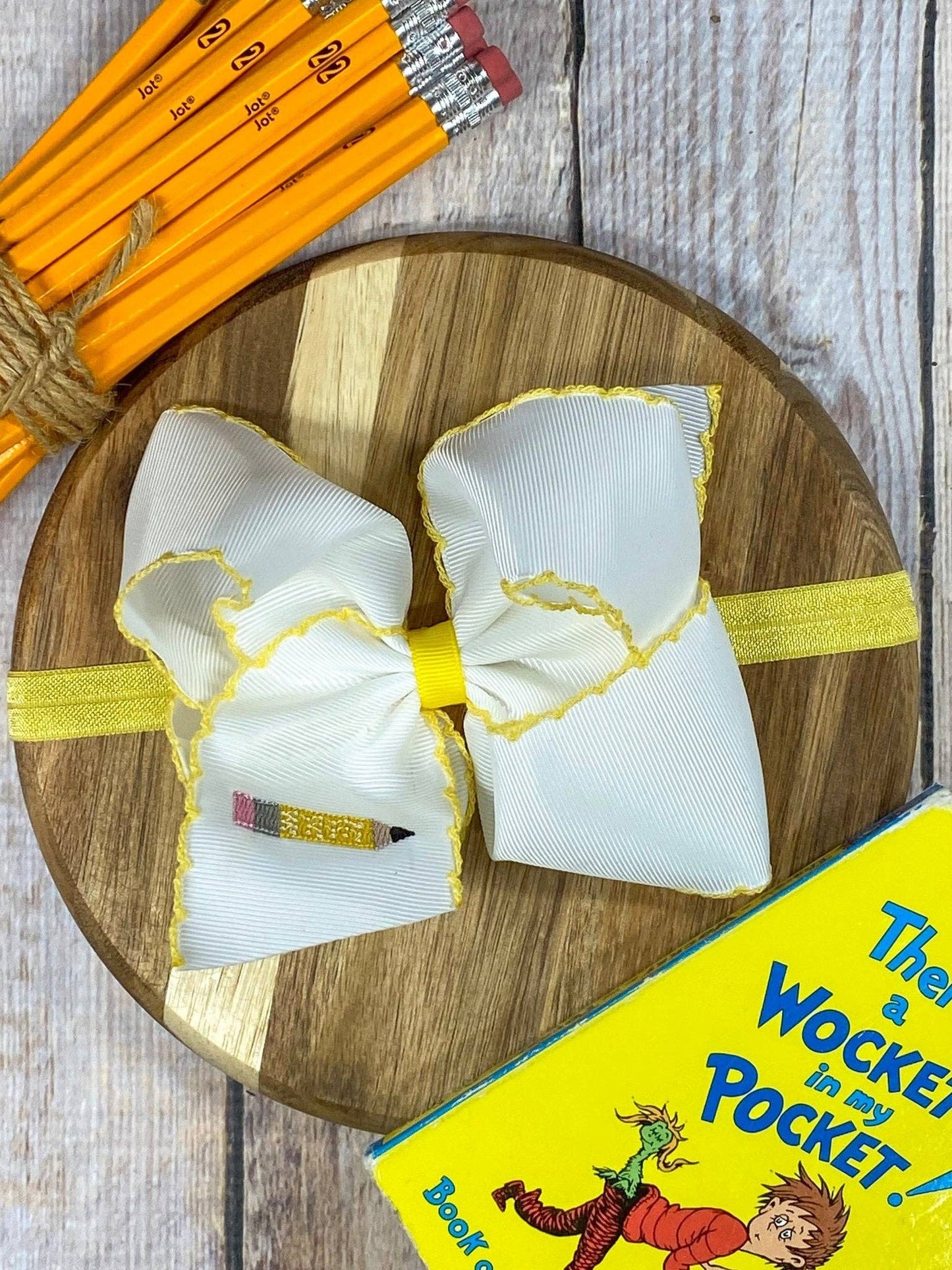 Pencil Embroidered Moonstitch Hair Bow | Clip or Headband: Clip
