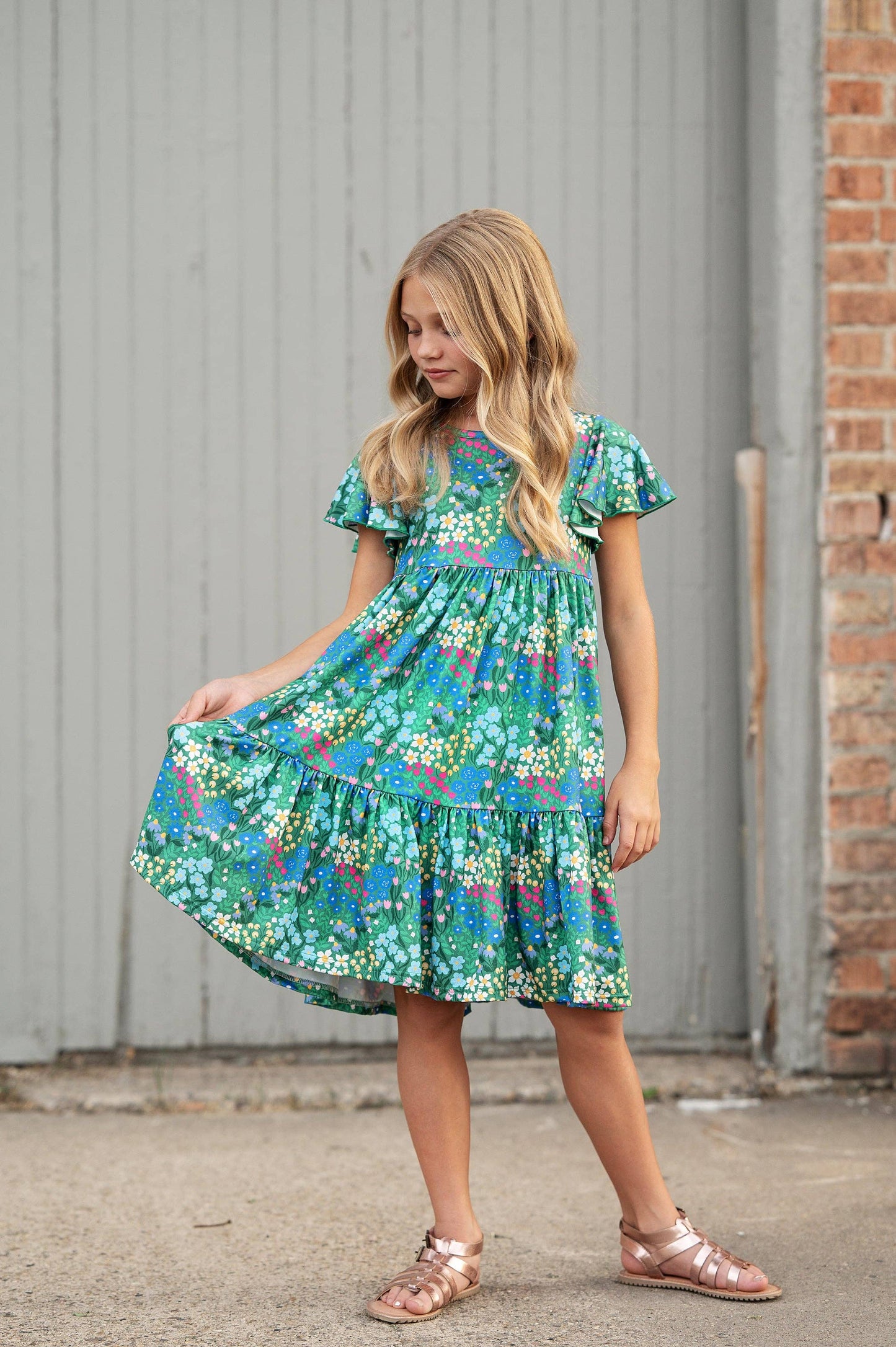 Kids Emmy Green Floral Flutter Sleeve Twirl Spring Dress