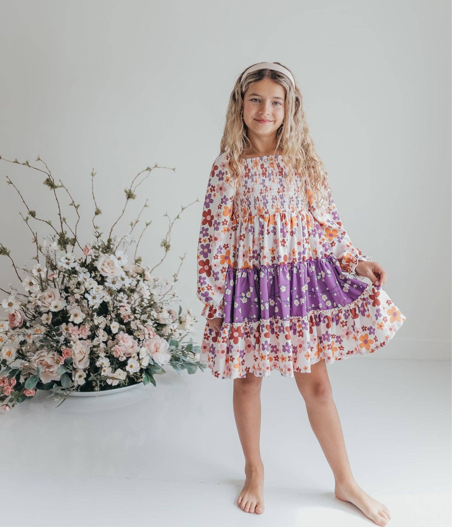 Girls Grace Lavender Flower 3 Tiered Smocked Dress: 7/8