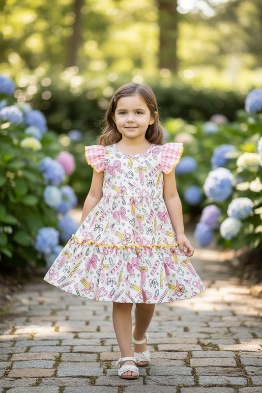 Coquette pencil printed on white back to school dress. DRG60853 JEAN: M