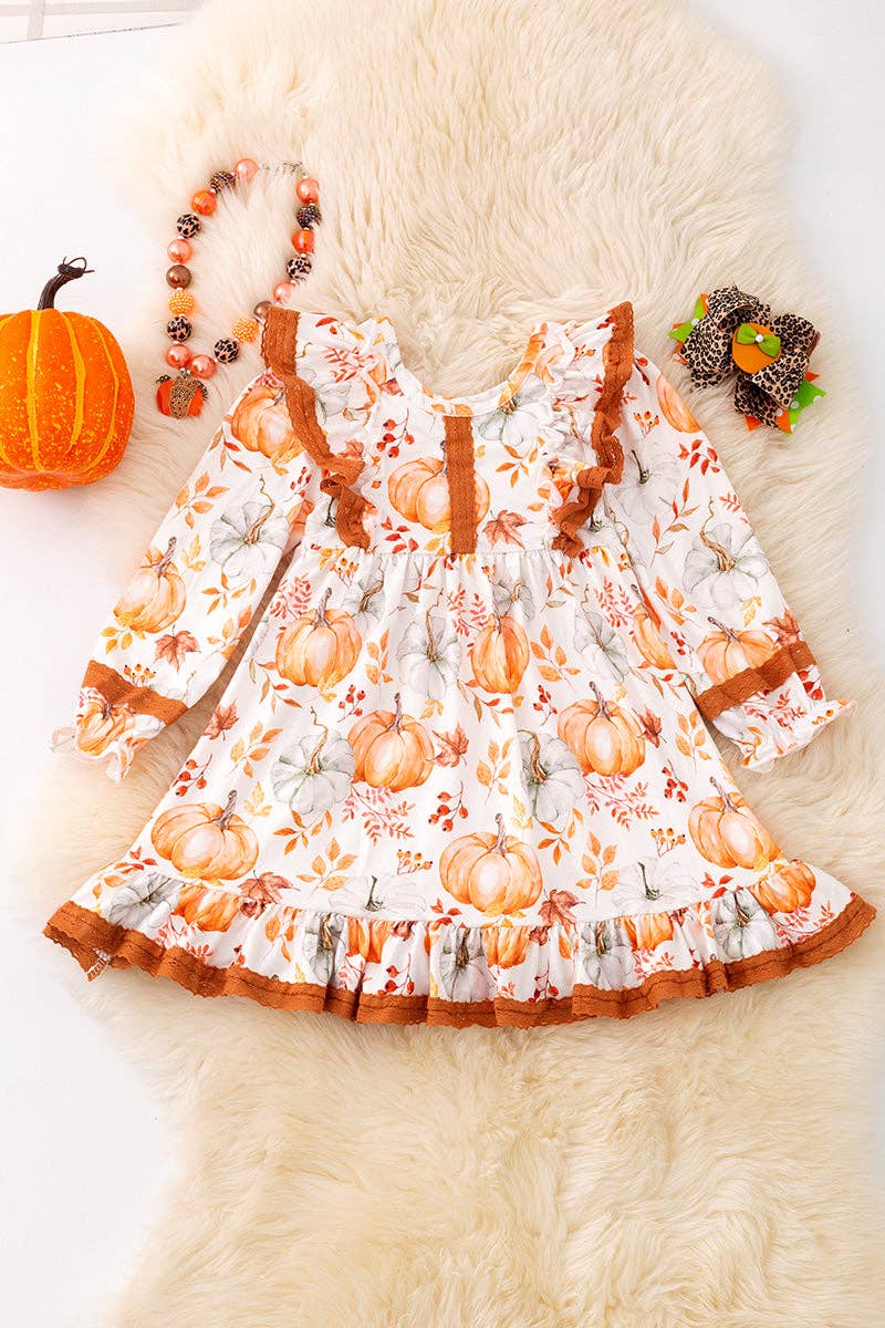 Pumpkin fall printed girls dress with angel sleeve. DRG53050 SOL: