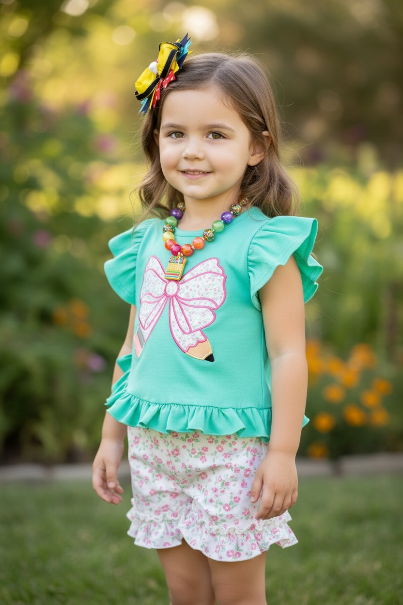 Pencil applique on mint top and floral shorts.  OFG60551