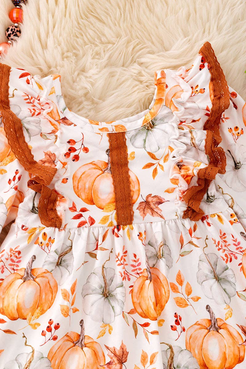 Pumpkin fall printed girls dress with angel sleeve. DRG53050 SOL: