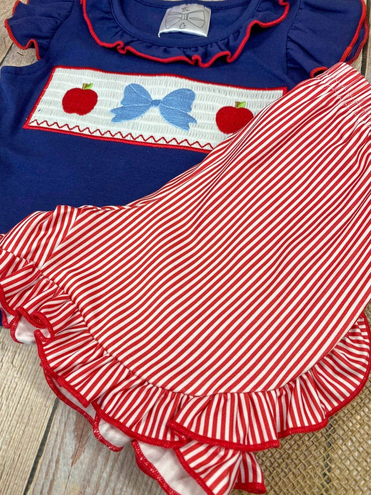 Apple Bow Smocked Top & Stripe Shorts Set | Girls School Outfit: 4T