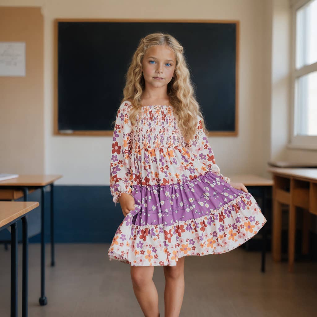 Girls Grace Lavender Flower 3 Tiered Smocked Dress: 3/4