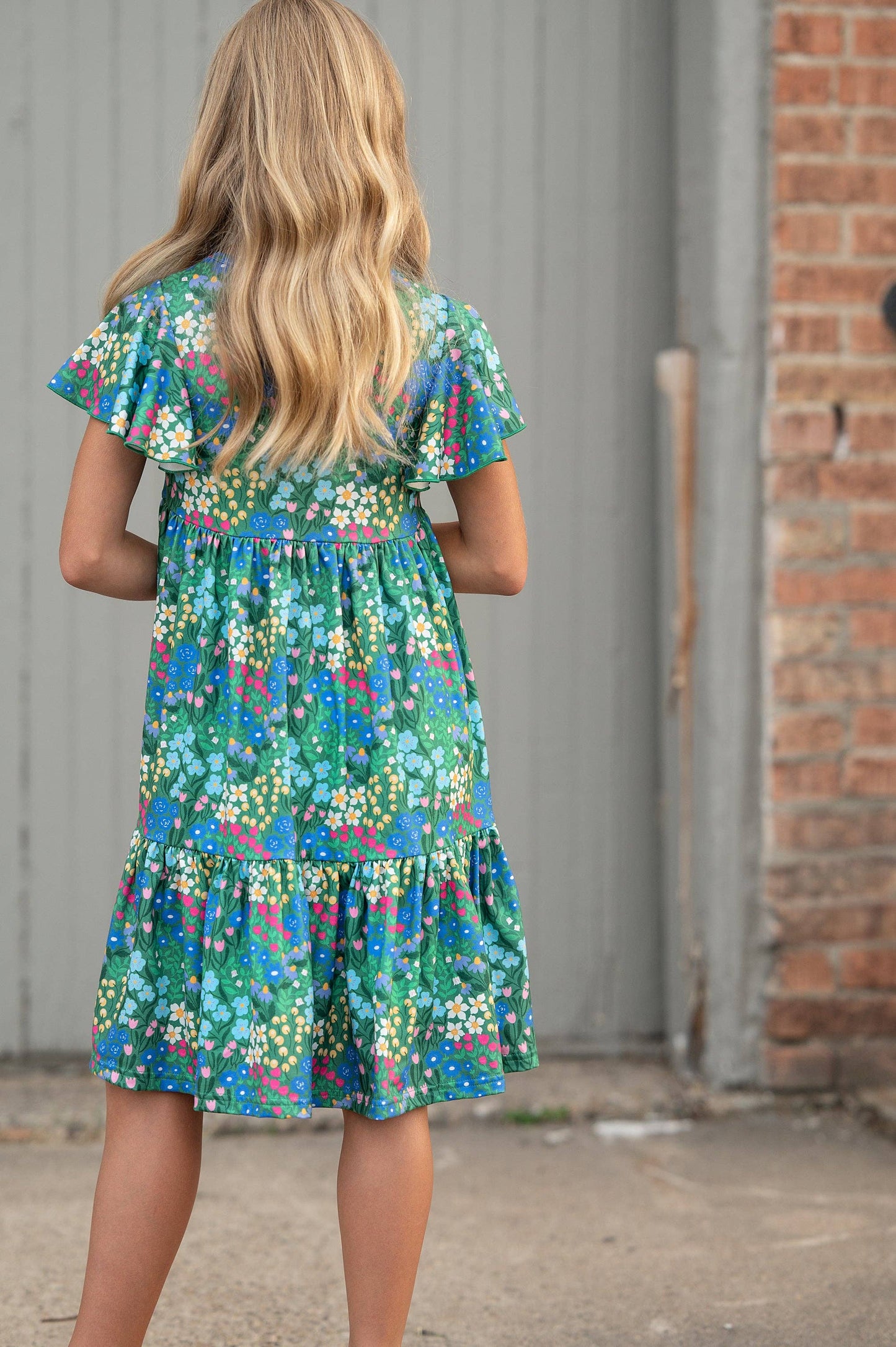 Kids Emmy Green Floral Flutter Sleeve Twirl Spring Dress