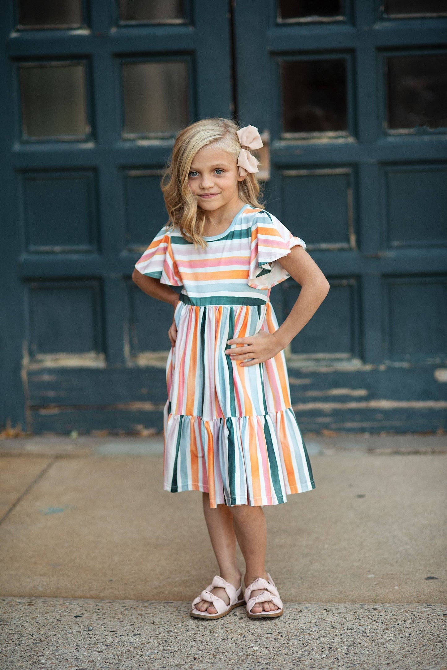 Kids Boho Rainbow Stripe Spring Easter Flutter Sleeve Dress: 10/12