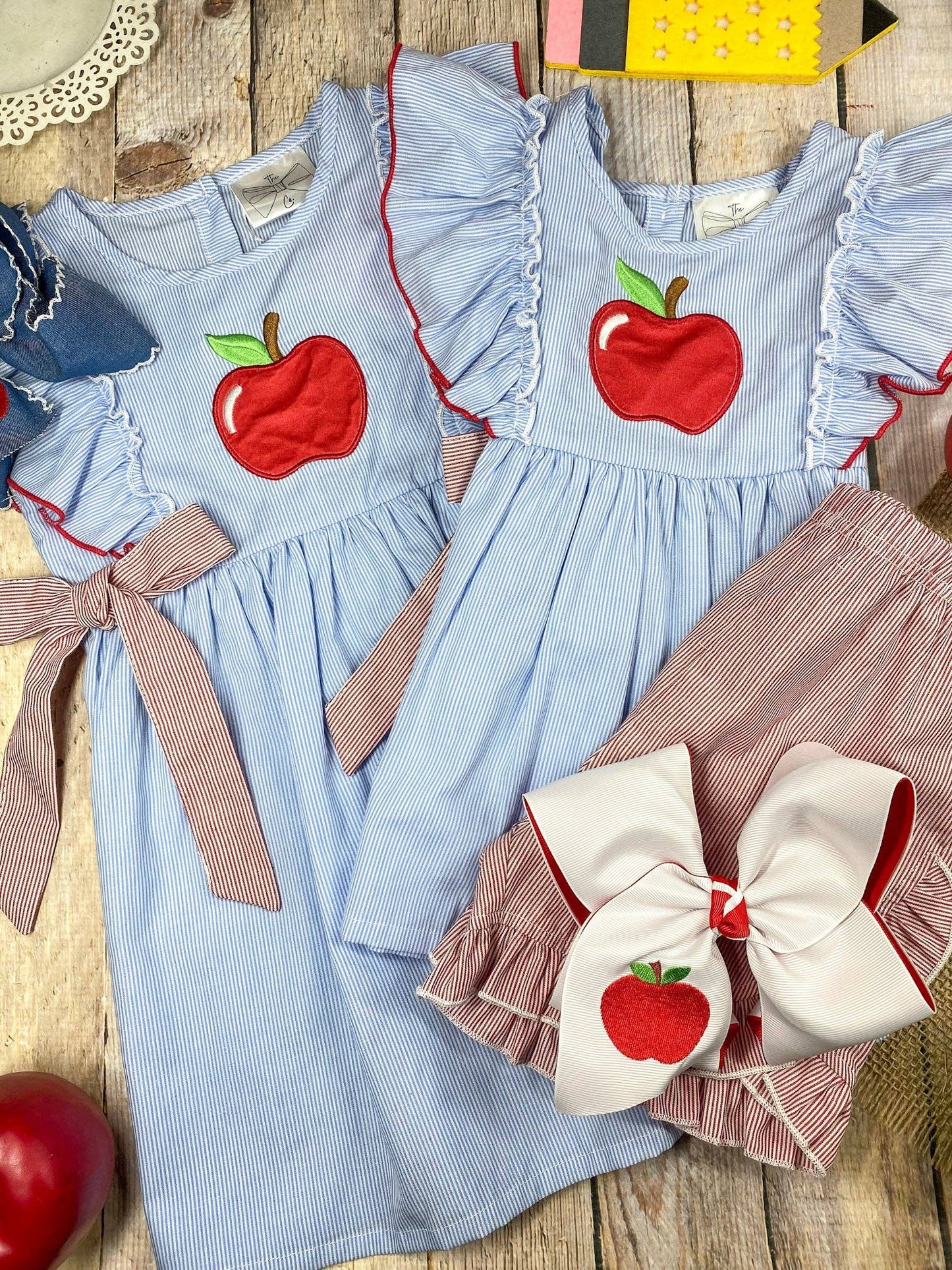 Apple Stripe Tie Applique Dress | Girls Back to School Dress: 5T