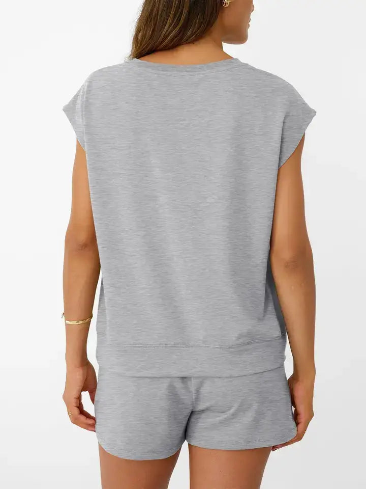 Casual Sleeveless Top and Drawstring Shorts Set: Black