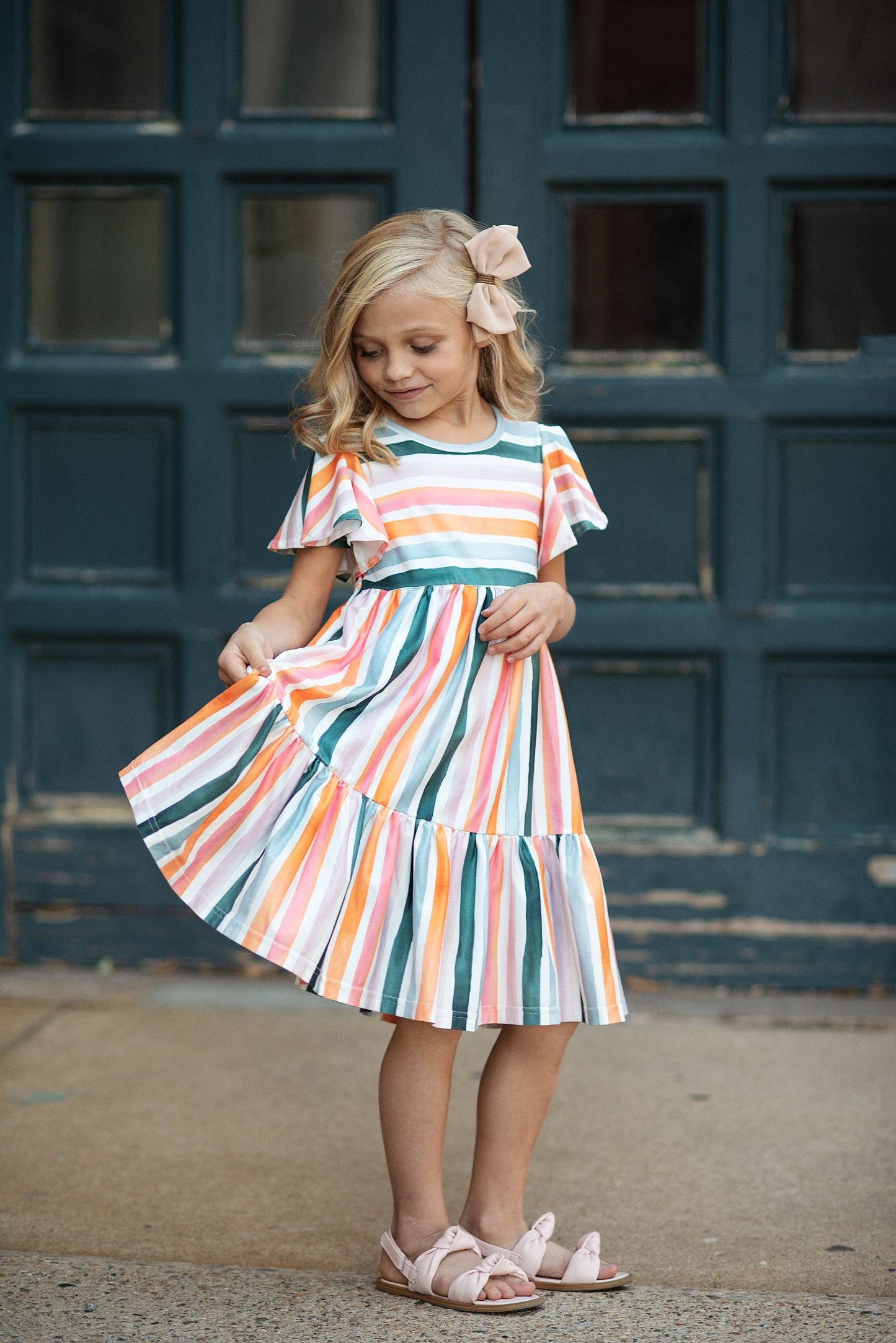 Kids Boho Rainbow Stripe Spring Easter Flutter Sleeve Dress: 7/8