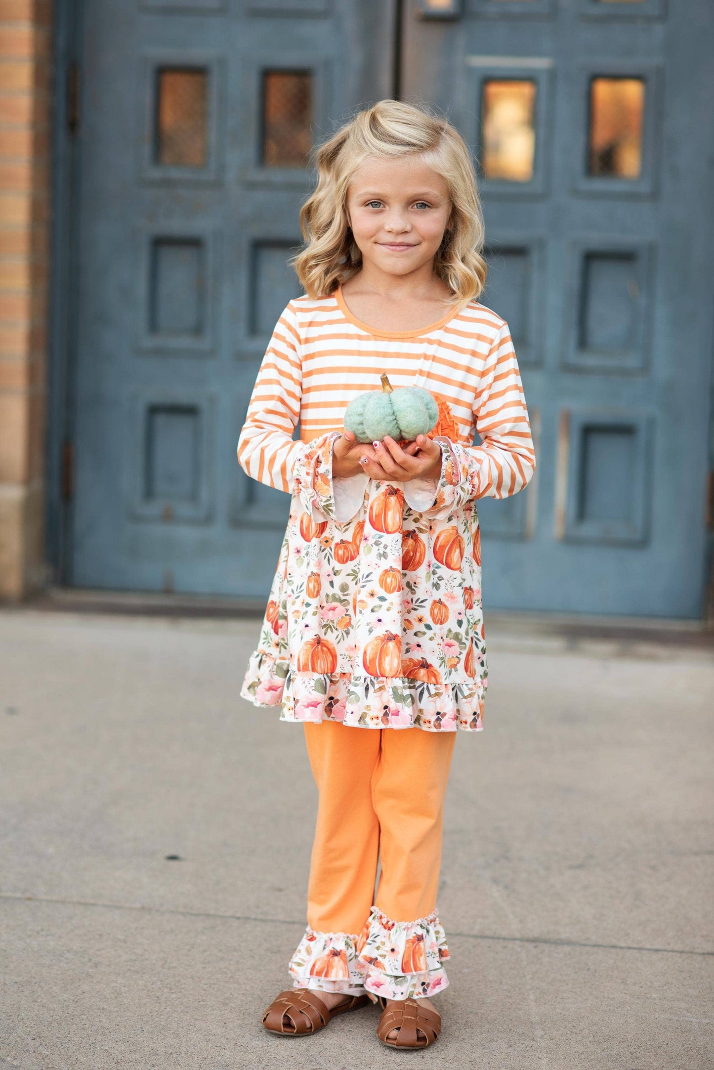 Kids Pumpkin Stripe Ruffle Rosette Two Piece Fall Pant Set