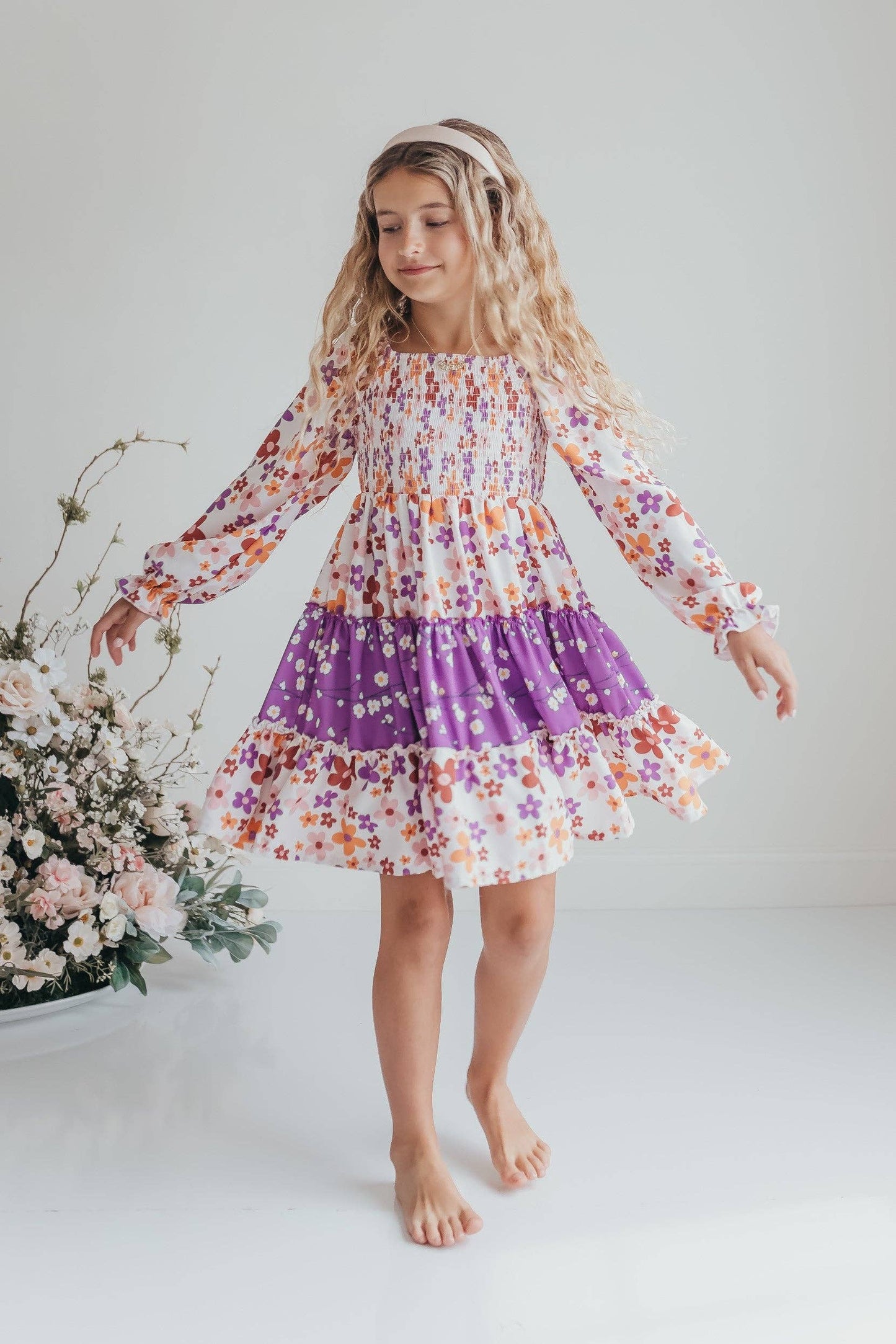 Girls Grace Lavender Flower 3 Tiered Smocked Dress: 7/8