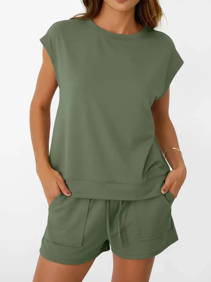 Casual Sleeveless Top and Drawstring Shorts Set: Black