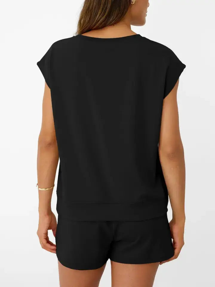 Casual Sleeveless Top and Drawstring Shorts Set: Black