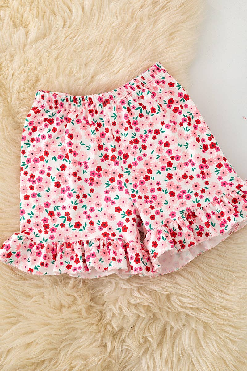 Lt. Coral w/embroidered apples & bows tunic & floral shorts.