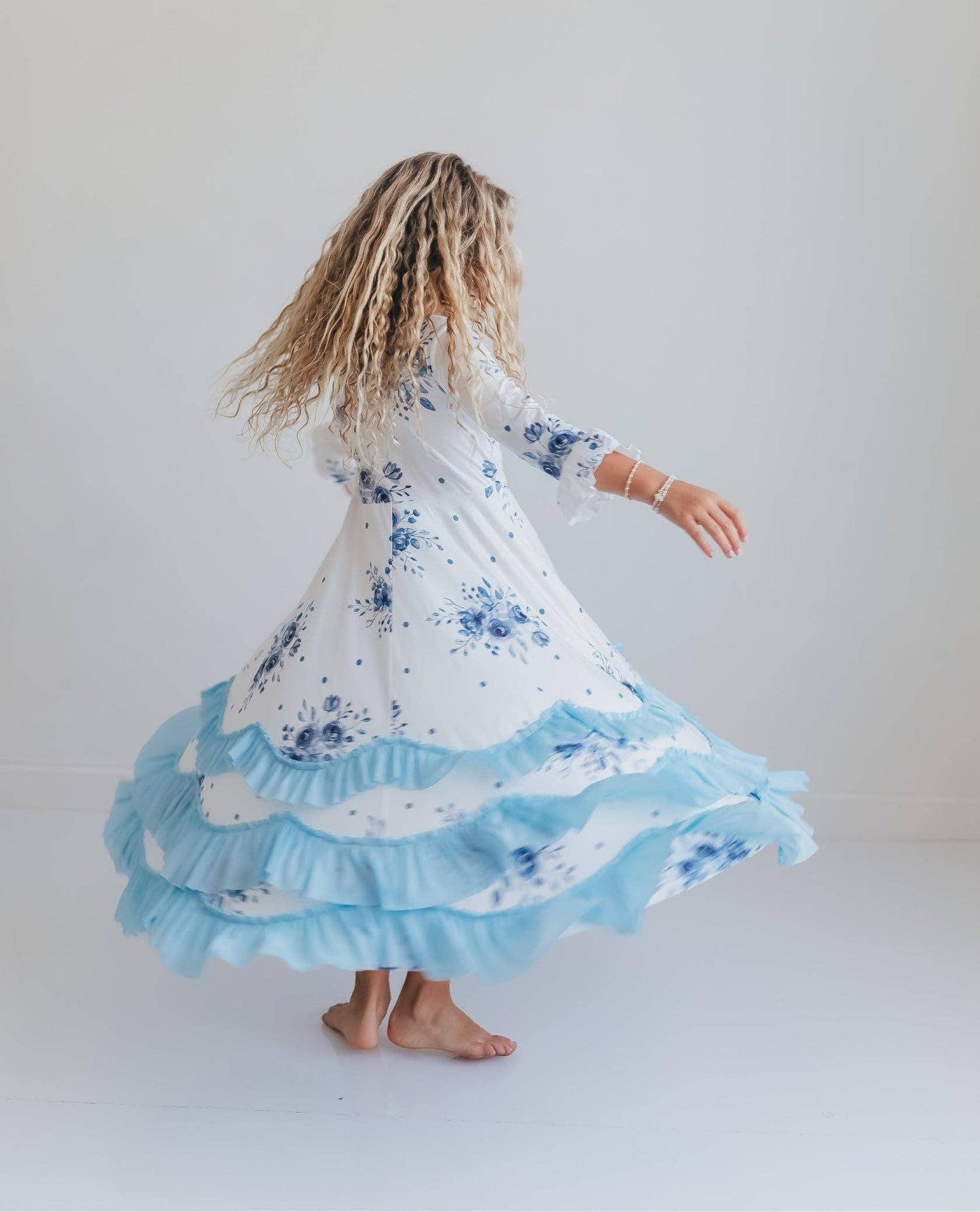 Girls Dusty Blue Winter Floral Long Sleeve Ruffles Dress: 5/6
