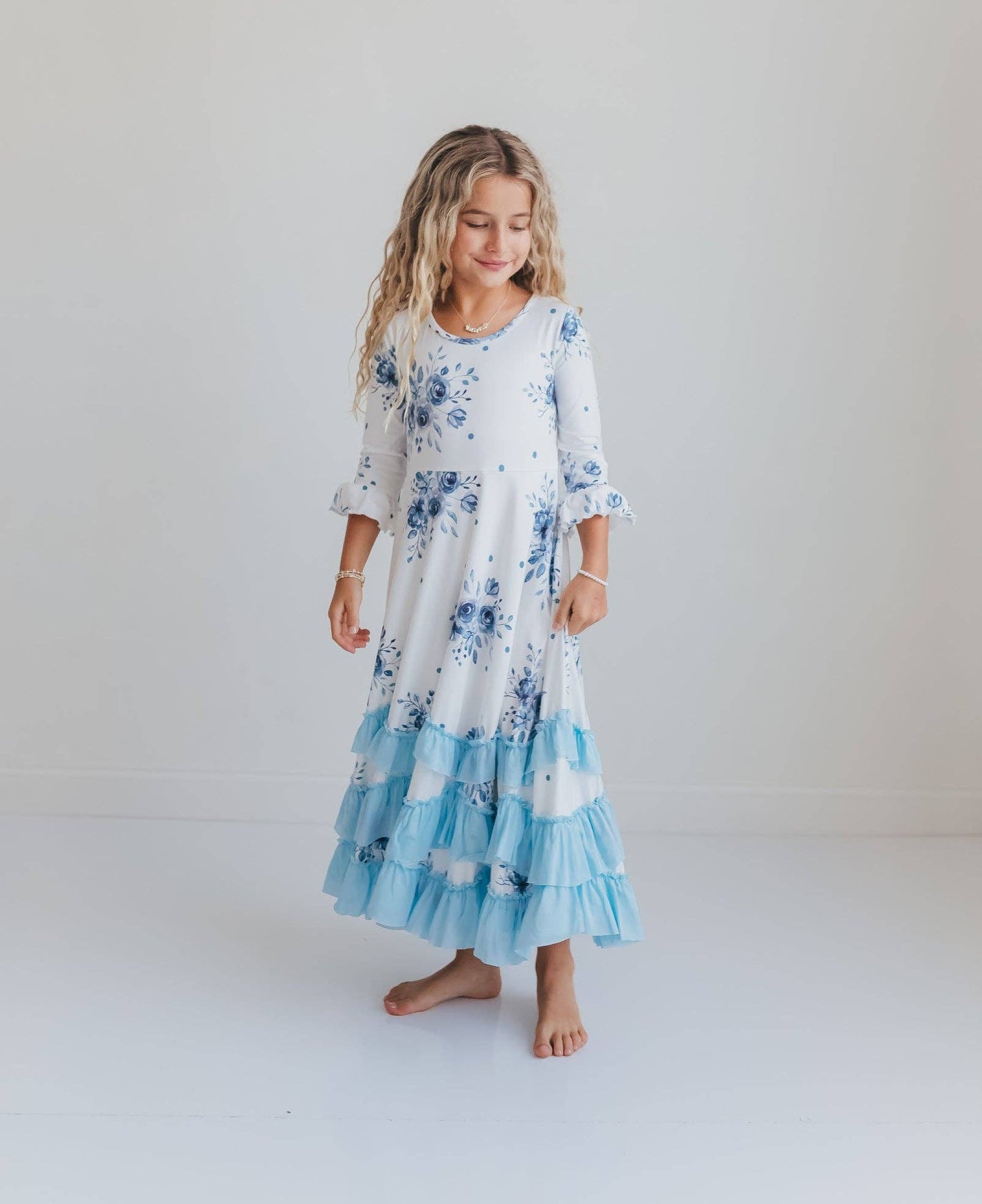 Girls Dusty Blue Floral Long Sleeve Ruffles Dress