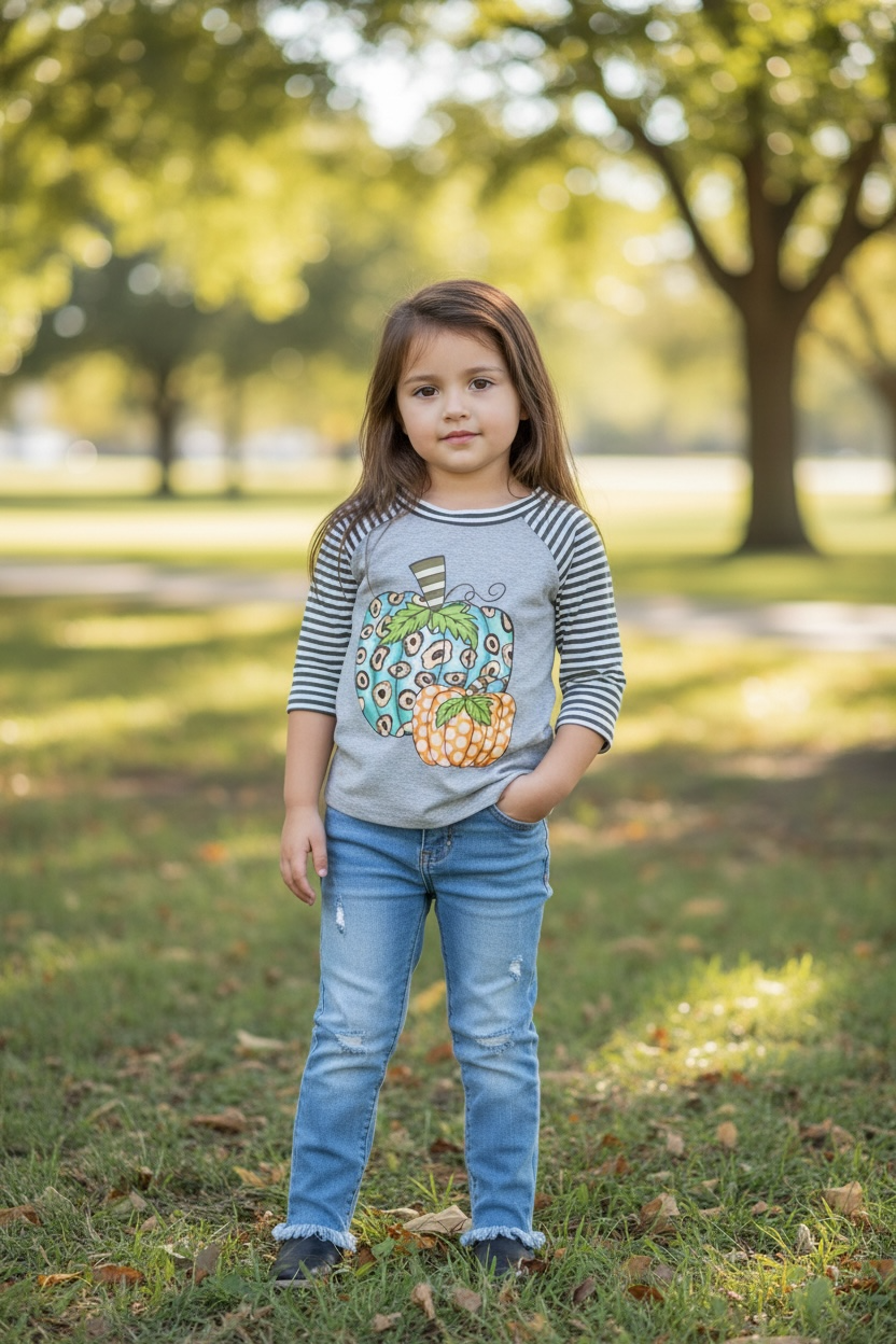 Gray pumpkin printed top with 3/4 sleeves. SY-DLH4046K: