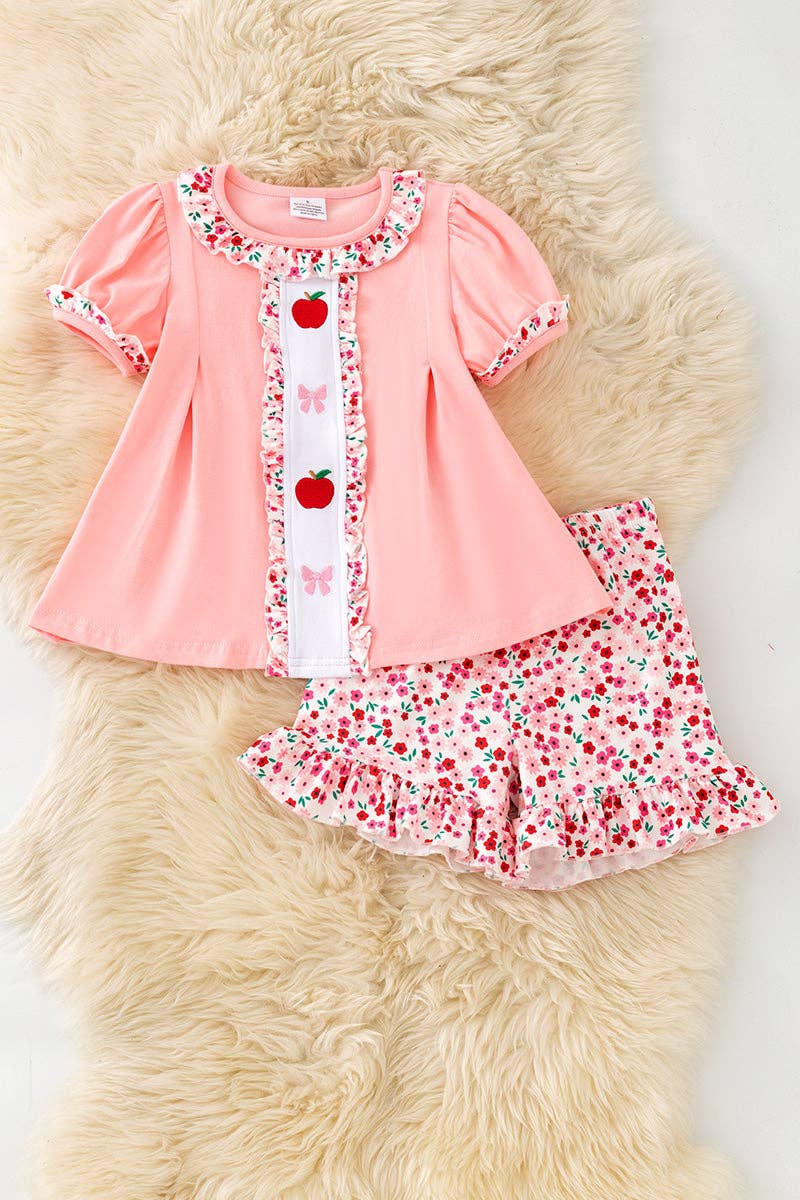 Lt. Coral w/embroidered apples & bows tunic & floral shorts.