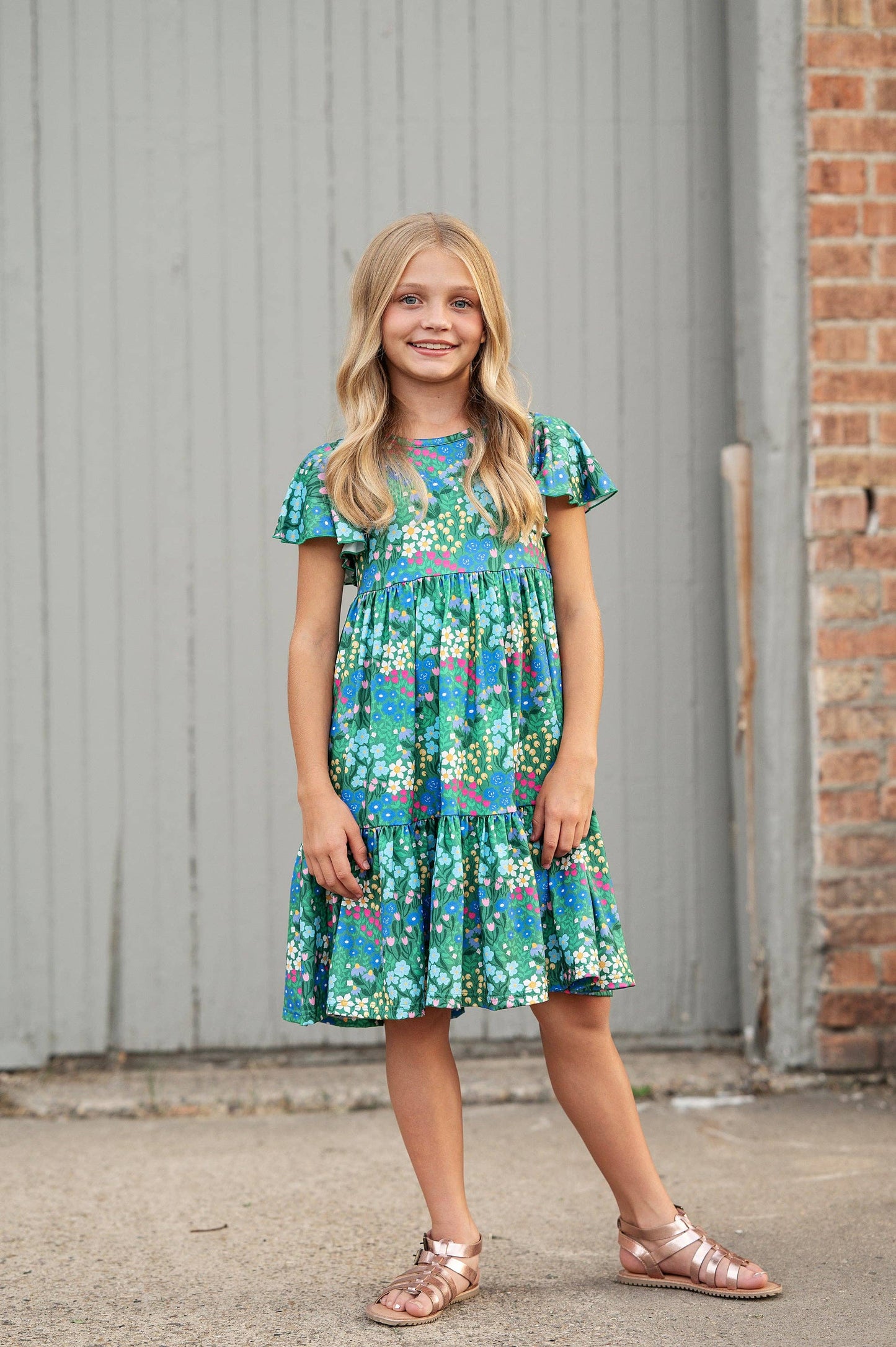 Kids Emmy Green Floral Flutter Sleeve Twirl Spring Dress