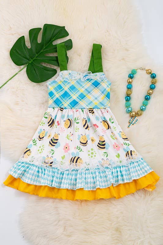 Plaid bee printed girls ruffle hem dress. DRG15134018 JEAN: